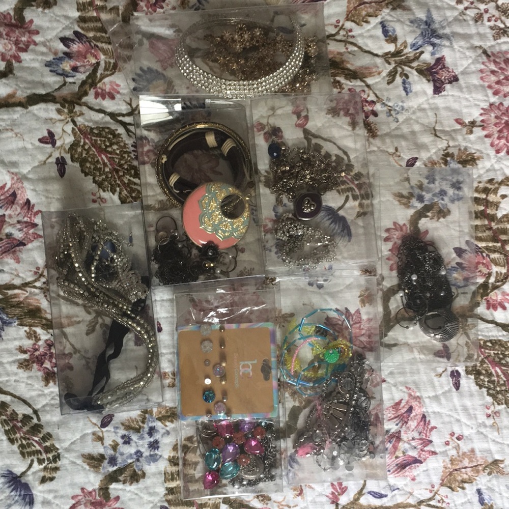 Jewelry Assortment: lockets silver purple, bronze floral necklace rhinestones
